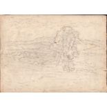 L S lowry mounted 1960 pencil sketch of countryside + tree drawn 'with Sheila Fell' - 27.9cm x 38.
