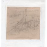 L S Lowry mounted 1949 pencil sketch of Sunderland harbour with fishing boat, has part of a