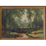 Framed oil on canvas painting of a bridge + river in woodland with Sarson annotated on reverse -