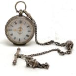 Ladies antique silver cased fob watch - 35mm diameter on a silver albertine chain (22cm) - for