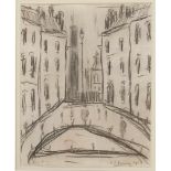 L S Lowry mounted drawing of figures surrounded by buildings - mount 40.5cm x 35.5cm ~ Laurence