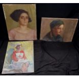 3 x portrait paintings ~ Scottish school (?) oil on Glasgow canvas of a lady (45cm x 35cm and has