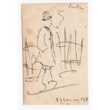 L S Lowry 1971 pen and ink drawing of a man wearing hat & smoking in front of railings with George