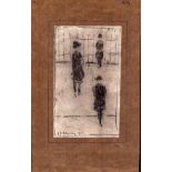 L S Lowry mounted 1951 drawing of 3 figures & railings - mount 34.5cm x 22cm and has a tear on the