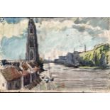 L S Lowry 1959 painting of a church alongside a river with bridge - 21.2cm x 31.2cm and has some pin