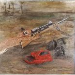 Original oil painting of a fox with hunting rifle - 80cm square