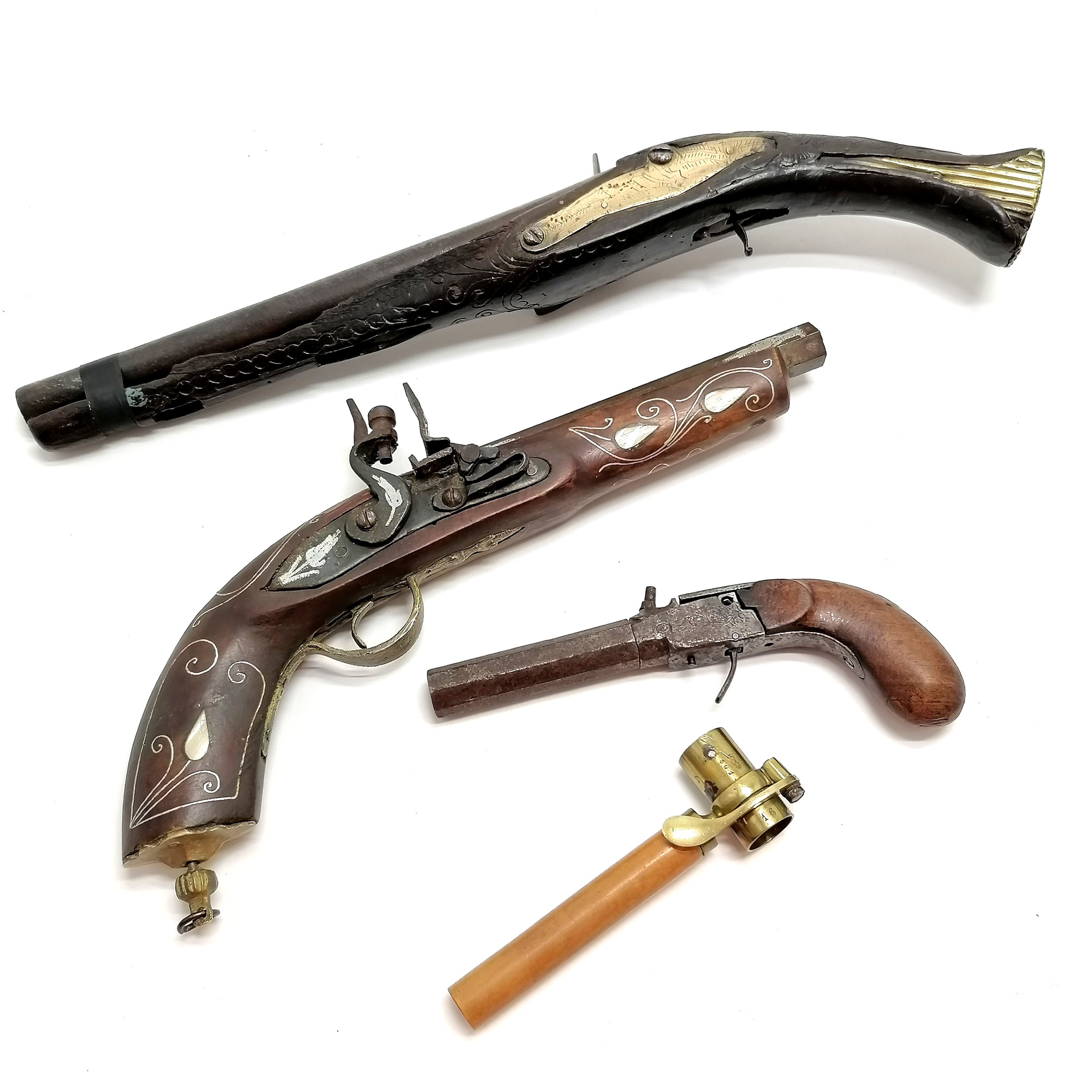 2 x antique guns (both a/f - longest 43cm with brass fittings and touchmark to top of barrel) t/w