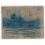 L S Lowry mounted 1960 blue drawing of a ship - page 18.3cm x 24.6cm ~ Laurence Stephen Lowry