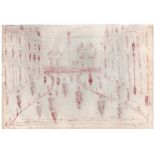 L S Lowry 1949 (red) pen and ink drawing of many figures between buildings, has a drawn map and