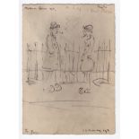 L S Lowry pen and ink drawing (on card) of 2 men smoking in front of railings - 17.8cm x 12.7cm