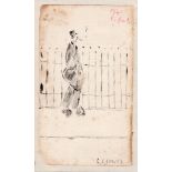 L S Lowry 1941 signed drawing of a gentleman smoking in front of railings mounted on the cover of