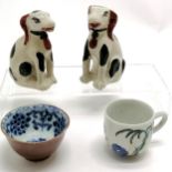 Chinese antique pair of stoneware dogs (8cm & have restoration), Batavia ware teabowl & cup ~ all