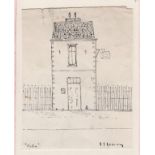 L S Lowry mounted pen and ink drawing of a building with hanging sign - page 29.4cm x 18.7cm ~