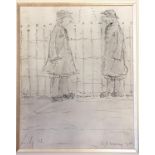 L S Lowry 1956 mounted pen and ink of 2 smoking figures in front of railings (with sketch on reverse