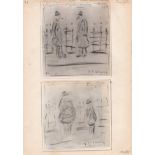 L S Lowry mounted pair of drawings of 2 gentleman stood in front of railings - 21.1cm x 29.7cm (