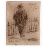 L S Lowry 1942 drawing of a 'large' tramp in front of railings, signed and annotated to the