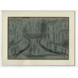 L S Lowry mounted 1942 drawing of figures in a street surrounded by buildings, drawn on the inside