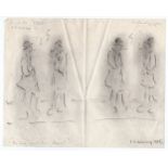 L S Lowry 1965 pen & ink sketch on tissue paper of 4 men smoking - 20.5cm x 25.5cm & has some