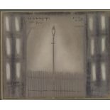 L S Lowry mounted 1951 drawing (on the cover of a book) of a lamp post + railings with buildings