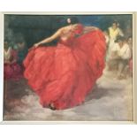 Mid century framed print of a Flamenco dancer in red costume, 63 cm wide. 53 cm high to include