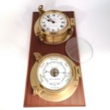 Royal Naval HMS Eagle brass ships clock / barometer mounted on teak board - 53cm x 25cm ~ 1 glass