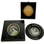 2 x RARE early 19th century reverse painted portrait miniatures of ladies with japanned black frames