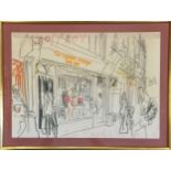 Feliks Topolski framed original 1977 mixed media drawing of QEII Silver Jubilee street / shop