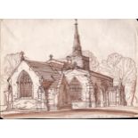 L S Lowry 1961 mixed media drawing of a church (with docks drawing on reverse) - 28cm x 39cm ~