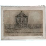 L S Lowry 1951 mounted signed pencil sketch of a bandstand with 3 figures - mount is also signed &