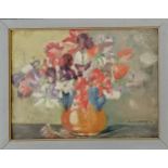 Framed oil painting on board of a vase of flowers signed Diane Lampeng(?) - frame 35cm x 45cm