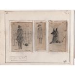 L S Lowry 1951 mounted montage of 3 pen and ink drawings of a dog + 2 tramps (1 with dog) - page