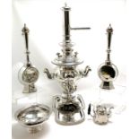 Impressive antique silver plated Russian / Polish samovar (73cm) on tray stand with bowl + pair of