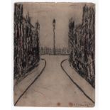 L S Lowry drawing of an empty street with lamp post + railings in the distance (on a page of a