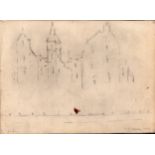 L S Lowry mounted 1956 drawing of some buildings - 27.8cm x 38.1cm and has some pinholes + red
