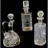 Antique Crystal claret decanter with etched decoration 29 cm high, 15 cm wide, t/w square cut whisky