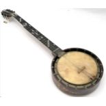 Antique banjo with carved detail & marquetry sides & parquetry reverse - 86cm and has original