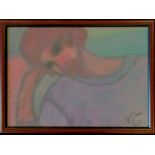 Framed watercolour portrait painting of a young woman head + shoulders with monogram signature -