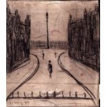 L S Lowry 1958 drawing of a street scene with 3 figures + a lamp post in the distance - 33.4cm x
