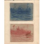 L S Lowry page mounted with 2 x drawings of ships / boats - page 30.7cm x 24.5cm ~ Laurence