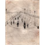 L S Lowry 1959 pen & ink drawing of people on the old steps at Salford - 28.3cm x 21.9cm and has