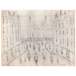 L S Lowry pen and ink drawing of figures between 2 buildings with bunting and banners in the