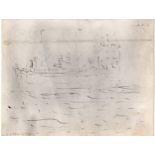 L S Lowry 1960's pen and ink drawing (on Glastonbury hallmarked paper) of a ship at sea - 21.8cm x