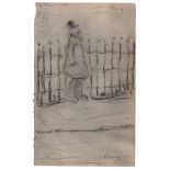 L S Lowry 1951 drawing of a male figure smoking near railings, signed and annotated to the reverse -