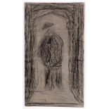 L S Lowry drawing of a figure in an archway - part of a larger drawing to the reverse - 27.2cm x