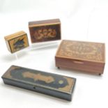 4 x boxes inc stamp box with ship detail to lid, French papier mache plumes & crayons box (20cm