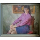 Large framed signed Russian oil on canvas painting of a seated lady - frame 93.5cm x 112cm