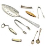 Antique silver cheroot case (7cm & 9.7g) t/w sewing shuttle, plated cutlery etc - SOLD ON BEHALF