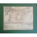 L S Lowry mounted 1960 drawing of boats on a lake, annotated to the reverse - mount 30.3cm x 25.