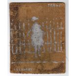 L S Lowry painting (on the back cover of a book) of a tramp by railings - 14.8cm x 11.7cm ~ Laurence