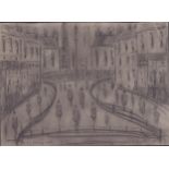 L S Lowry 1959 drawing of many figures in a street surrounded by buildings (with sketch on